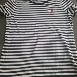 Tommy Hilfiger Navy and White Striped Tee Heart Shaped Logo